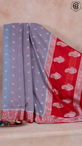Grey and Red Silver Zari Weaved Leaf Butta Kora Organza Saree